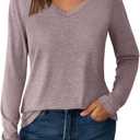 V Neck Long Sleeve Shirts for Women Soft Basic Tee Fall and Winter Casual Tops Trendy Everyday Wear (Large, Gray Purple)
