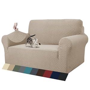 ZNSAYOTX 1 Piece Jacquard Couch Covers for 2 Cushion Couch High Stretch Loveseat Slipcover for Pets Dogs Anti Slip Love Seat Sofa Slipcover Furniture Protector (Loveseat, Khaki)