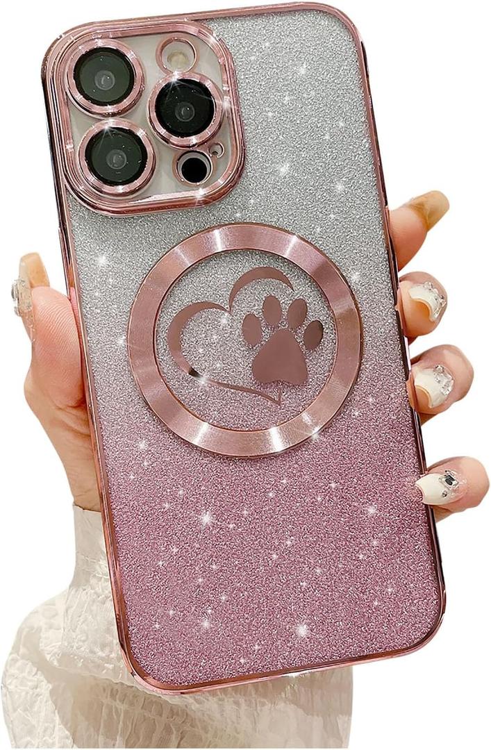 for iPhone 15 Pro Max Case Glitter Clear Paw Love Heart Compatible with MagSafe, Strong Magnetic Full Camera Lens Protection Soft Slim Thin Cute Bling Phone Case - Pink