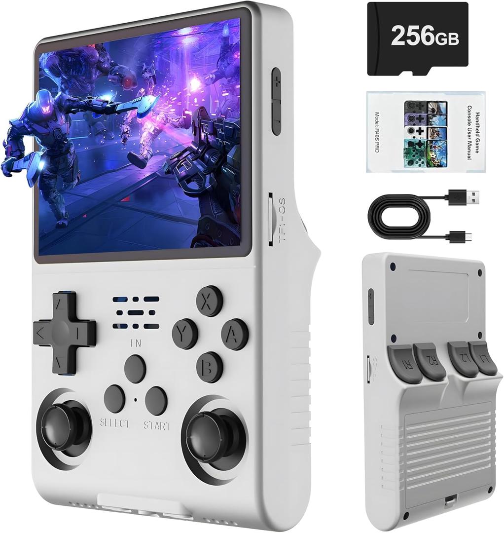 R40S PRO Retro Gaming Console, 30000+ HD Games Handheld Game Console, 3800mAh Rechargeable Mini Retro Video Console with 256GB TF Card, Portable Pocket Arcade (White)
