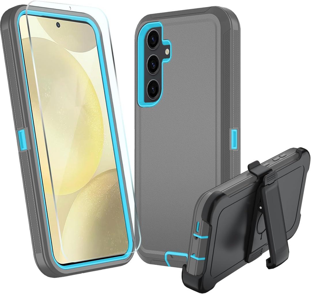 for Samsung Galaxy S24 FE 5G Case, S24 FE Heavy Duty case, [Belt Clip Holster] [Glass Screen Protector] [Military Grade Protective ] [Shockproof] [Dropproof] [Dust-Proof] (Gray/SkyBlue)