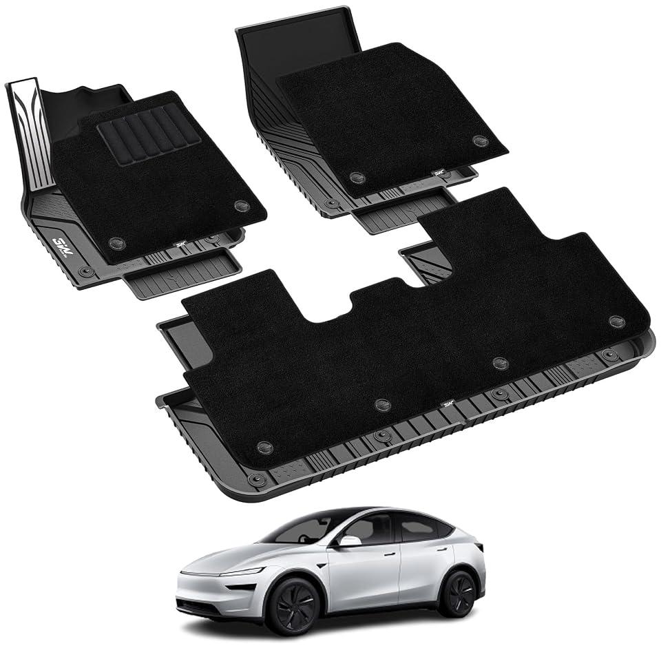 3W Floor Mats with Carpets for Tesla Model Y Juniper 2025-2026, Model Y L | Not Standard, Metal Pedal, Double Layer, All Weather TPE Waterproof Custom Fit Car Floor Liners, Model Y Accessories,Black