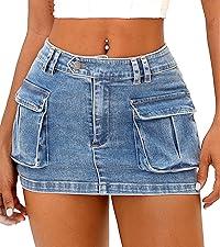 Women Denim Cargo Skirt Mini Low Waist Button Bodycon Y2K Flap Pockets Skirts Size L
