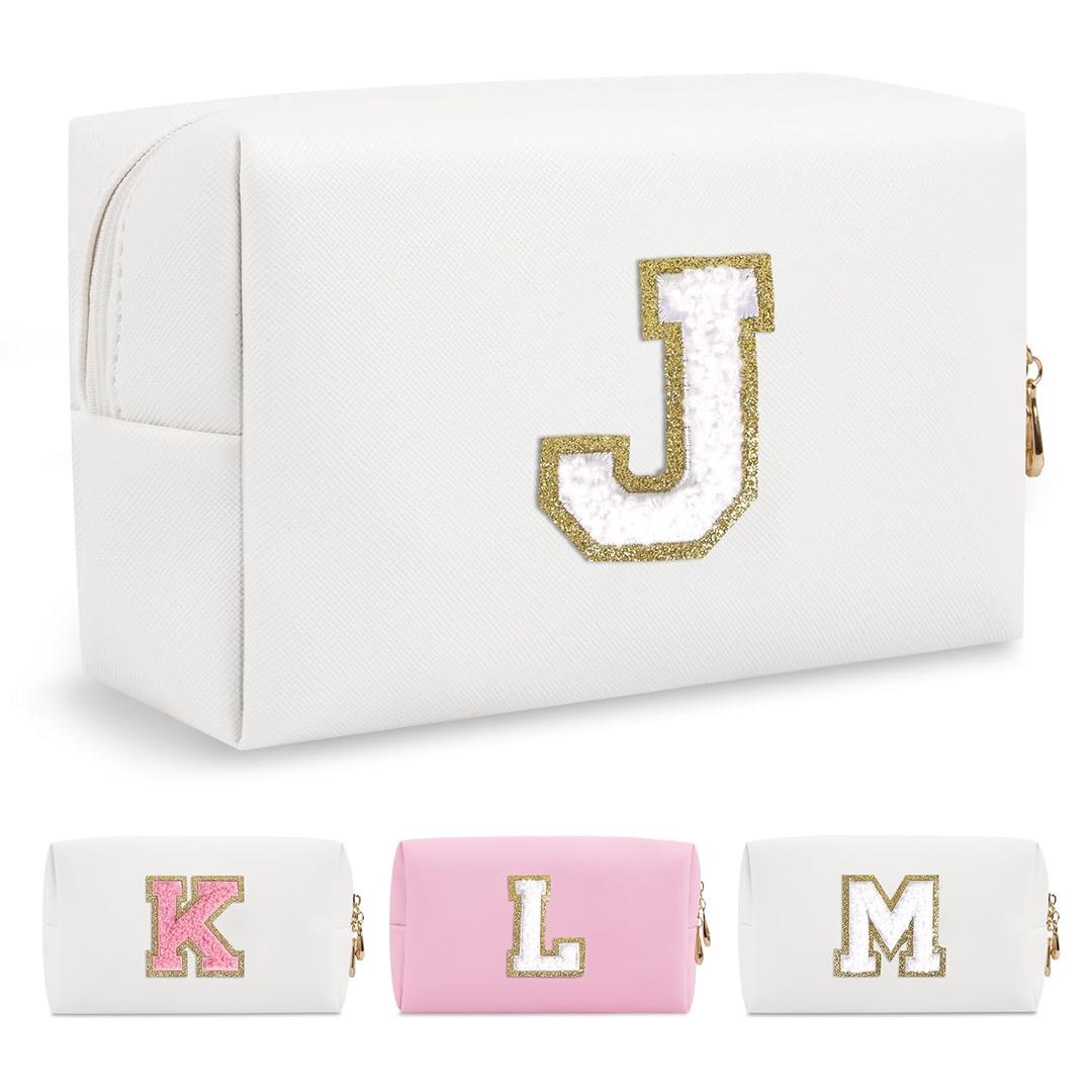 Personalized Initial A-Z Preppy Patch Makeup Bag,Waterproof PU Chenille Letter Travel Cosmetic Pouch with Zipper,Cute Toiletry Organizer Bag,Gift Ideal for Women Teacher Bridesmaid,Letter J