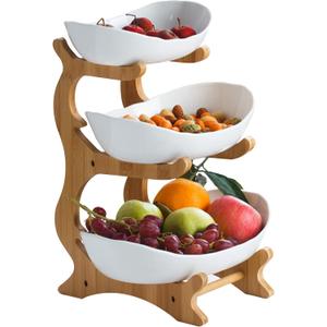 Ceramic Oval Tiered Serving bowls Tray SetWhite 3 Tier Ceramic Fruit Bowl with Bamboo Wood Stand for Sushi, Dessert, Fruit, Vegetables, Appetizer, Cake, Candy, Chip Dip (White, 3-Tier)
