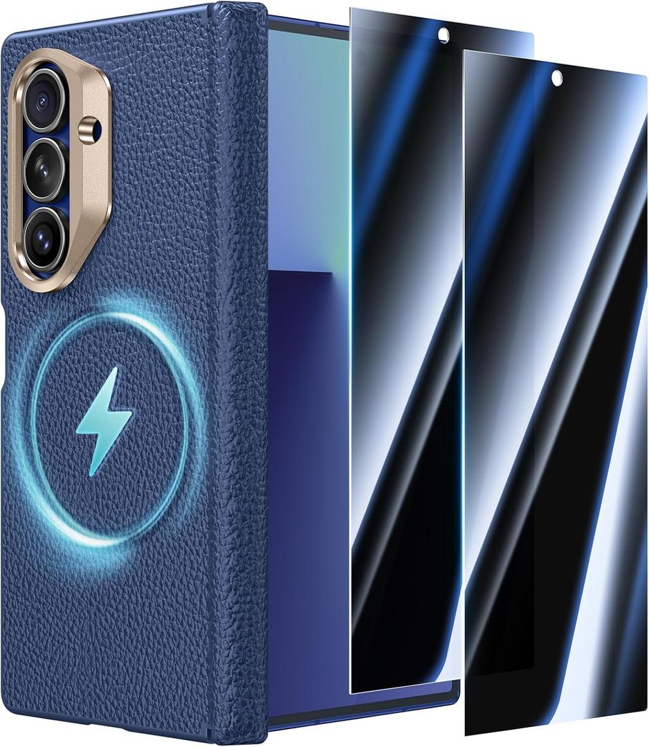 Leather Case for Samsung Galaxy Z Fold 7 with Hinge Protection, [Compatible with MagSafe] with 2 X Privacy Screen Protector Magnetic Cover for Galaxy Z Fold7 2025 [Without Front Frame], Blue