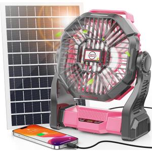 30000mAh Solar Fan with LED Lantern, 10W Solar Panel Rechargeable Battery Powered Camping Fan for Outside, 9 Inch Portable Battery Operated Hurricane Supplies for Picnic, Barbecue, Fishing, Travel (Pink)