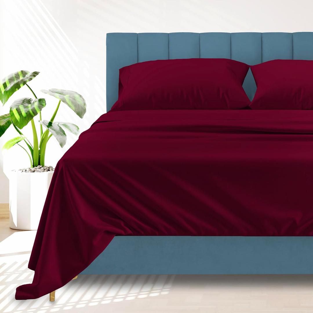 Ashton Sheets 100% Egyptian Cotton Sheets King Size Bed Set - 4 PC 1500 Luxury High Thread Count Burgundy King Bed Sheets, Silky Soft, Cooling, Sateen, 17" Deep Pocket Bedsheet Set