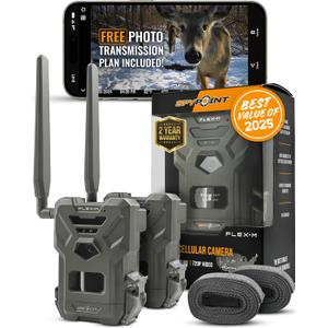 SPYPOINT FlexM Twin Pack Cellular Trail Cameras Best Hunting Accessories, No WiFi Needed, GPS, Night Vision, DualSim LTE, IP65 WaterResistant Game Camera, 28MP Photos, 720p Videos + Sound (2), Pack of 2