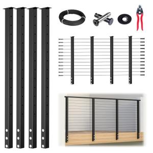 Muzata 15-20FT Modular Black Side Mount Cable Railing Kit 42 Inch 4 Level Post Kit Complete Set Cable Railing System for Decks Length Adjustable with Paper User Guide (No Handrail) RWF2 BH4L