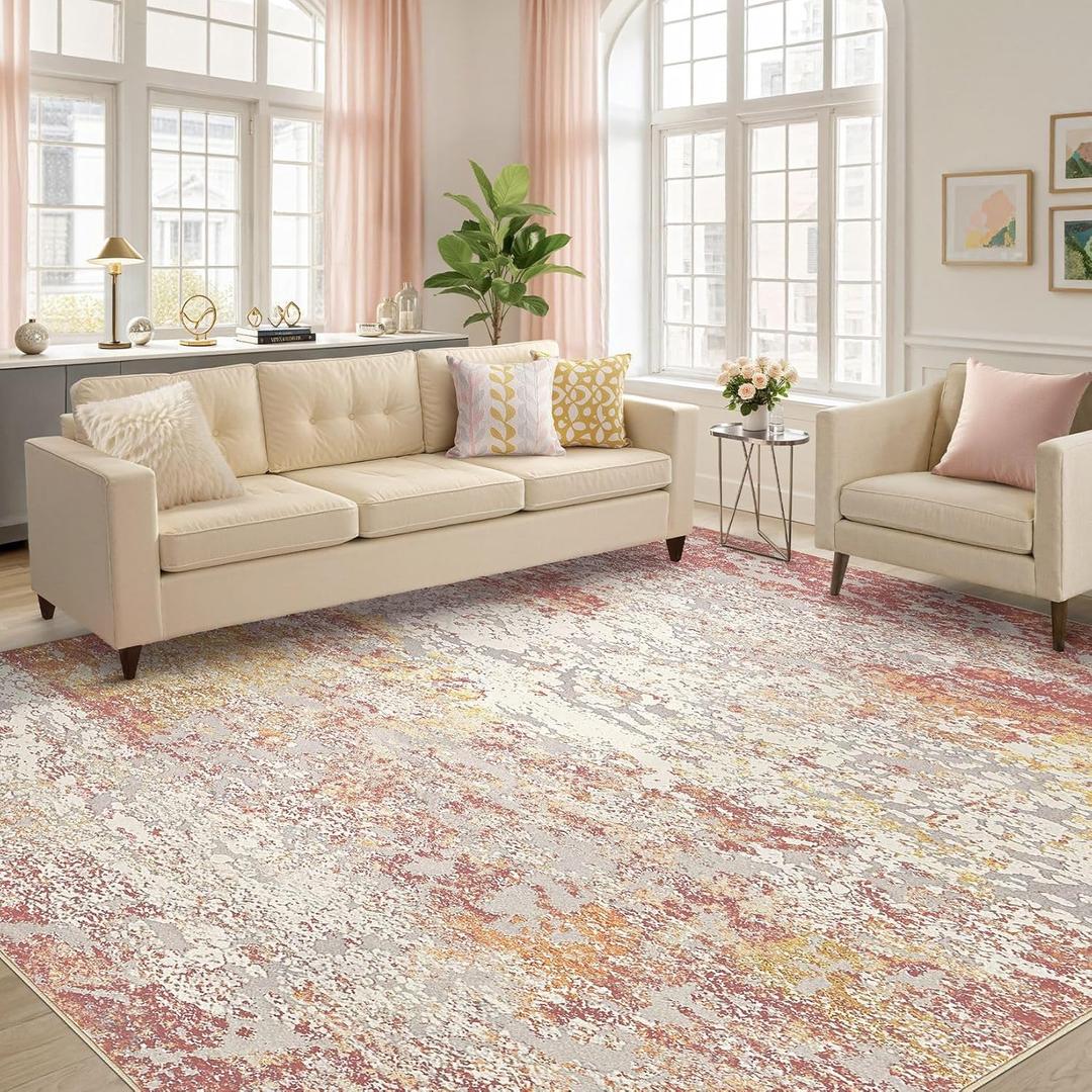 Area Rug Living Room Rugs - 9x12 Washable Large Soft Indoor Neutral Modern Abstract Low Pile Rug Carpet for Bedroom Dining Room Farmhouse Home Office - Colorful
