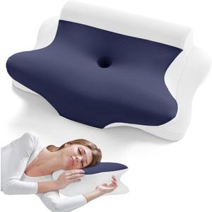 JOLLYVOGUE Cervical Neck Pillow - Contour Memory Foam Pillow for Neck Pain Relief with Cooling Pillowcase, Ergonomic Orthopedic Support for Side Back Stomach Sleepers, White & Dark Blue