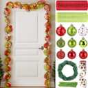 28 Pcs DIY Christmas Decor Mesh Entryway Garland Decoration Metallic Mesh Ribbon Red Christmas Balls Ribbon Pine Needles Garlands Chenille Stems for Xmas Door Holiday Wreath (Stylish Style)