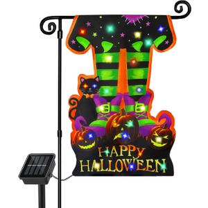 Halloween Lighted Garden Flag Porch 8 Modes Multi Colored 12" x 18 ", Happy Halloween Led Solar Yard Flag Witch Feet Pumpkin Shape Flag Double Sided Black Cat Decorations for garden