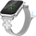 Joyozy Slim Metal Band Compatible with Apple Watch Band 38mm 40mm 41mm 42mm 44mm 45mm 46mm 49mm Skinny Magnetic Strap with Bling Charms, Cute Stainless Steel Band, Dressy Thin iWatch Bracelet for Women (Silver)