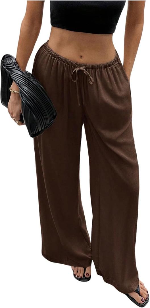 SHENHE Women's Summer Linen Low Rise Drawstring Wide Leg Beach Palazzo Pants Trousers, Medium