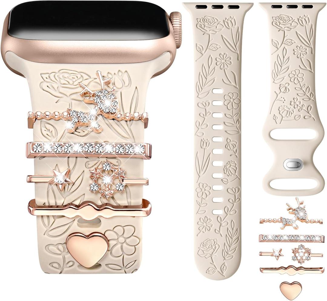 DaQin Flower Engraved Band Compatible with Apple Watch Bands 44mm 42mm 45mm 46mm for Women, Soft Silicone Strap With Decorative for Apple Watch Charms for iWatch Series 11 10 9 8 7 6 5 4 3 2 1 SE
