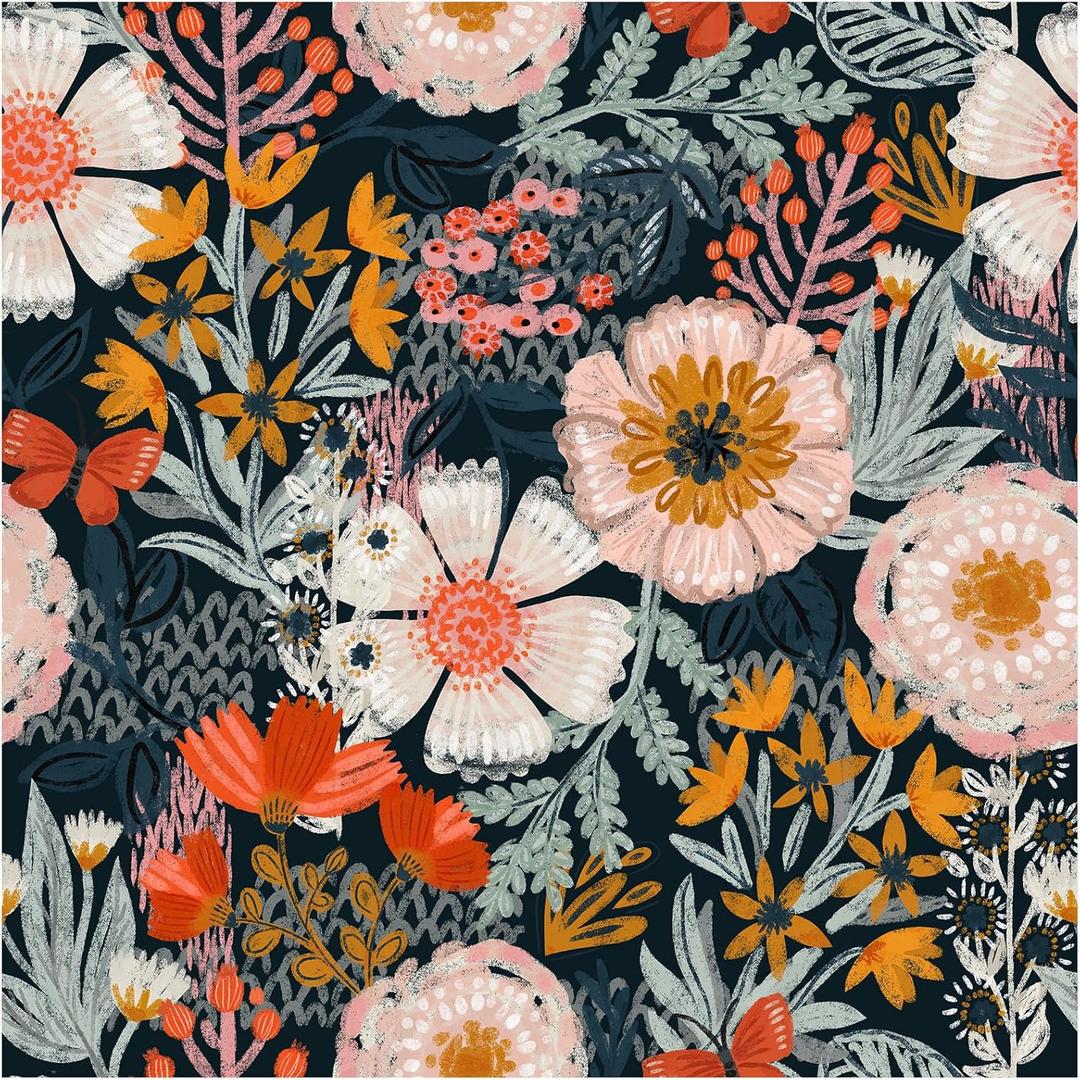 HAOKHOME Boho Peel and Stick Wallpaper Floral Wall Paper Removable for Bedroom Navy/Pink/Orange Contact Paper 17.7in x 9.8ft