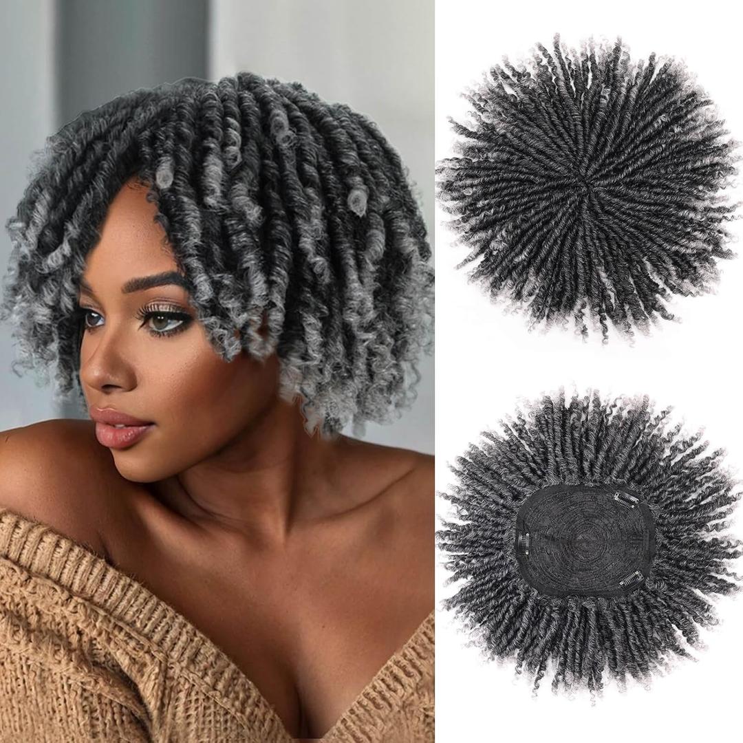 QUEENTAS Curly Toupee for Men and Women 10" Hair Pieces Dreadlock Hair 3603D Cover Knotless Afro Braided Synthetic Hair Topper with 3 Clips(Grey Mixed Black 1B/60)