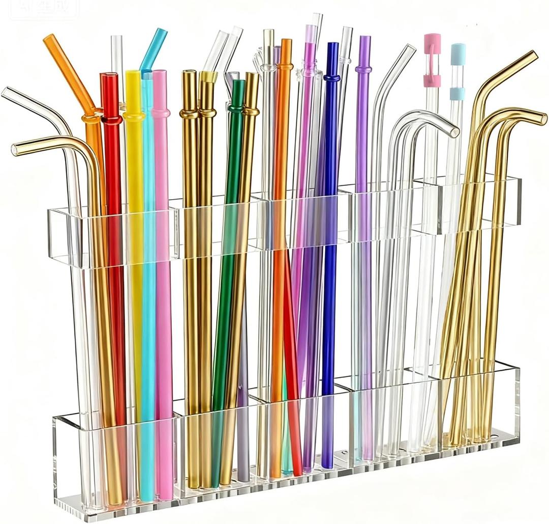 2 x Upgraded 9.5Large Acrylic Straw Holder With Drainage Holes for Cabinet Door - Reusable Tumbler Straw Organizer Storage Rack for Counter Cupboard Door Mounted,Space Saving Kitchen Accessories
