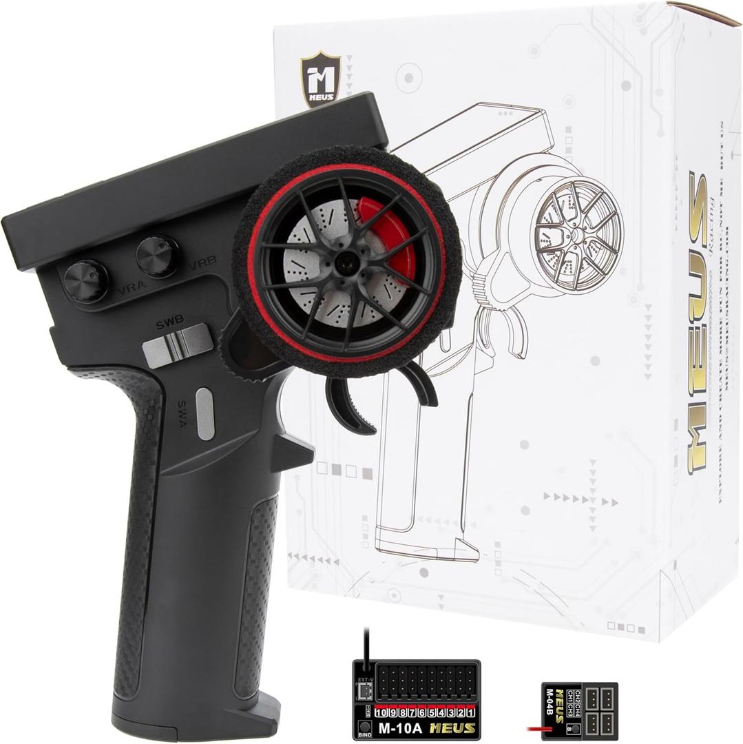 MEUS RACING ME-10B RC Transmitter 10 Channels 2.4GHz and Receiver with Coach Mode for 1/8 1/10 1/18 1/24 RC Crawler Car Boat TRX4 TRX4M SCX10 SCX24 Upgrades Parts (Black - 2 Receivers)