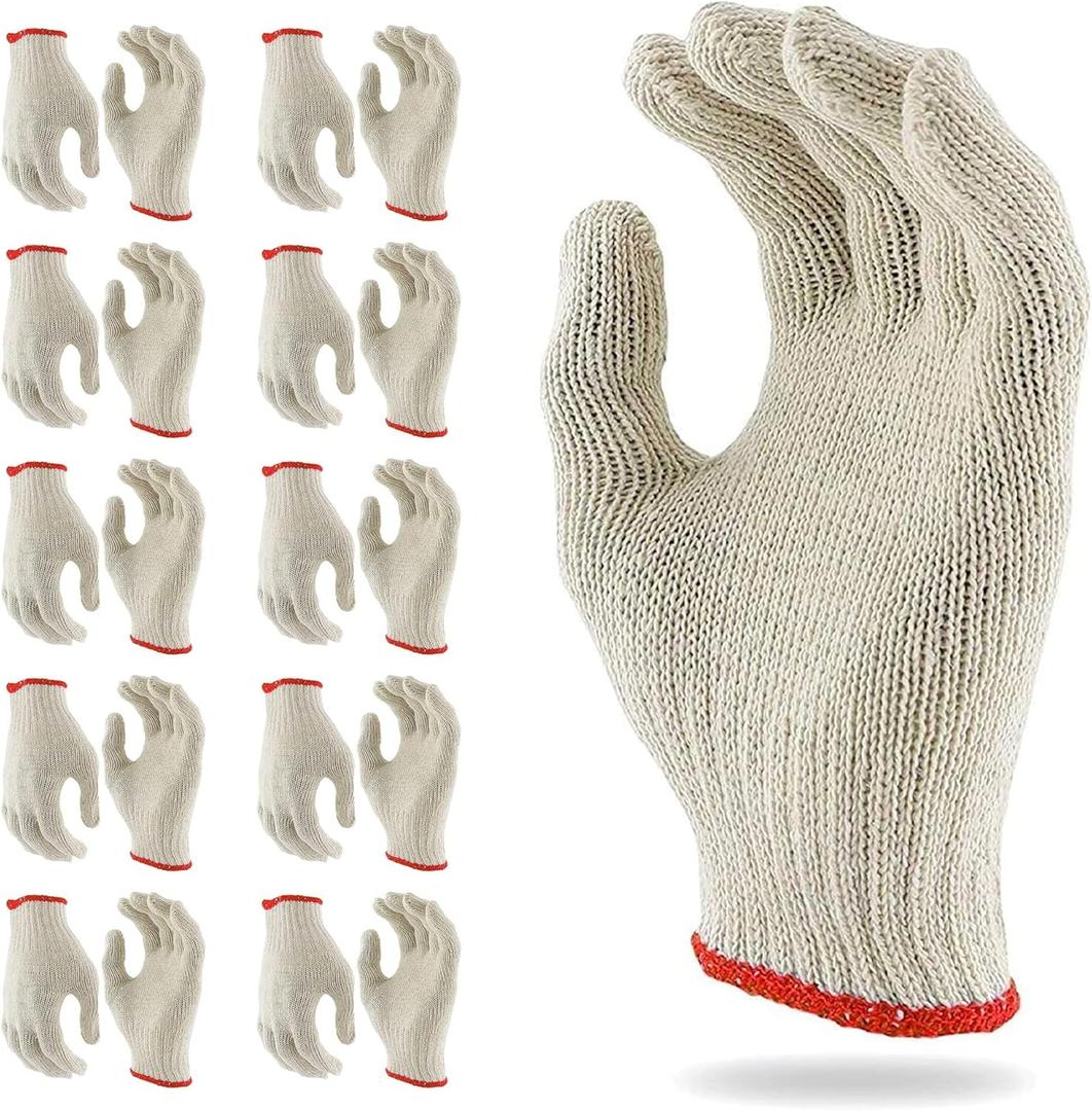 ABC PACK & SUPPLY Beige Work Cotton Gloves for Men and Women, 9.5 Inches. Pack of 24 (12 Pairs) String Knit Work Gloves with Red Line Elastic Knit Wrist. Washable Cotton Polyester Gardening Gifts