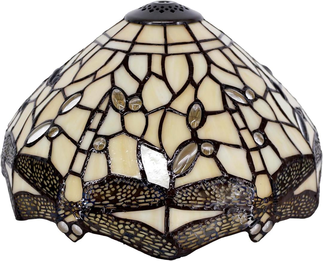 Tiffany Lamp Shade Replacement Only 12X6 Inch Stained Glass Style Lampshade with Cap fit for Table lamp Pendant Light Ceiling Fixture (Cream Dragonfly)