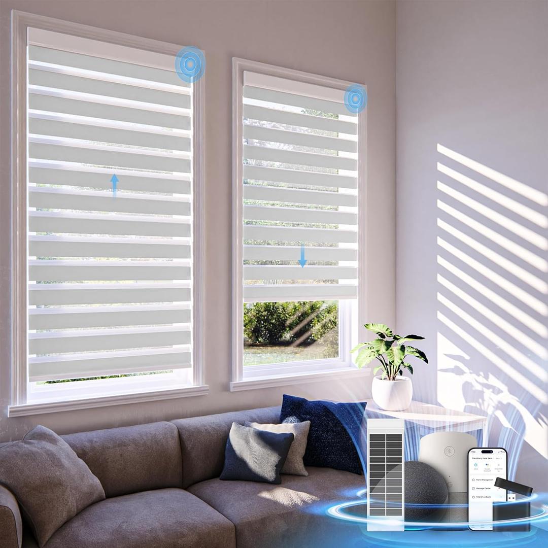 Motorized Zebra Blinds with Remote Control,Solar Powered Rechargeable Dual Layer Smart Blinds,Horizontal Wireless Electric Cordless Blinds,Custom SizeWhite35" W X 72" H