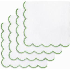 PurpleEssences Scalloped Embroidery Cloth Napkins - Spring Easter Summer - Table Decor - 100% Cotton - Set of 4-18x18 inch - White - Edges - Sage Green