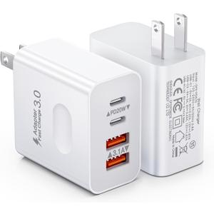 [2-Pack] USB C Wall Charger, 40W 4-Port Fast Charging Block USB C Charger Dual USBC Power Adapter + QC Wall Plug Multiport Brick Type C Block for iPhone 17 16 15 14 13 12 11 Pro Max, iPad, Samsung