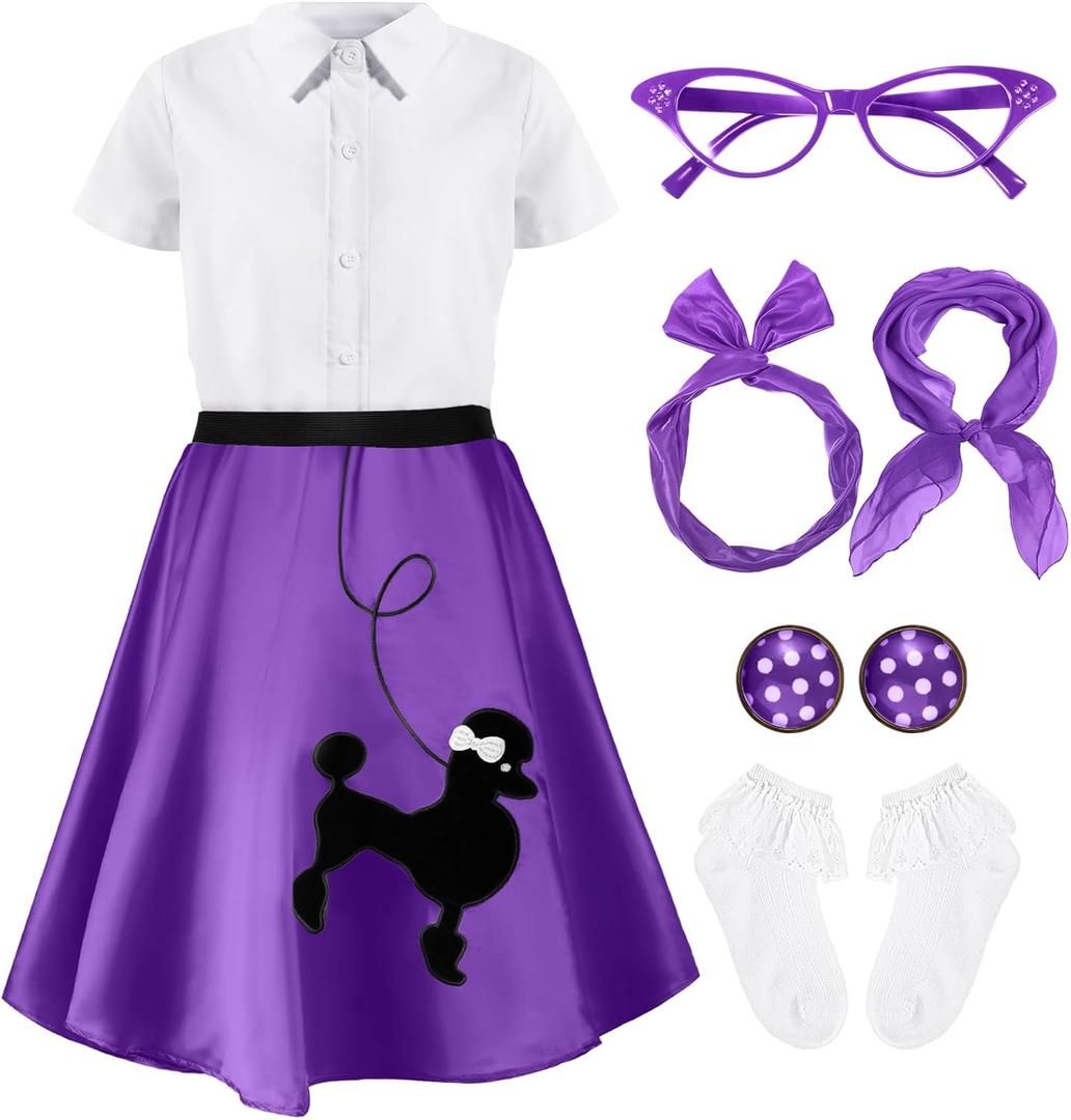 1950s Kids Poodle Skirt 50s Sock Hop Costume with Shirt Scarf Headband Earrings Glasses Socks (4-6 Years, Purple)