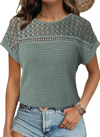 Dokotoo Women's Tops Casual Scoop Neck Short Sleeve Waffle Knit Hollow Out Shirts Loose Tunic Tops Blouses, Size: 2XL