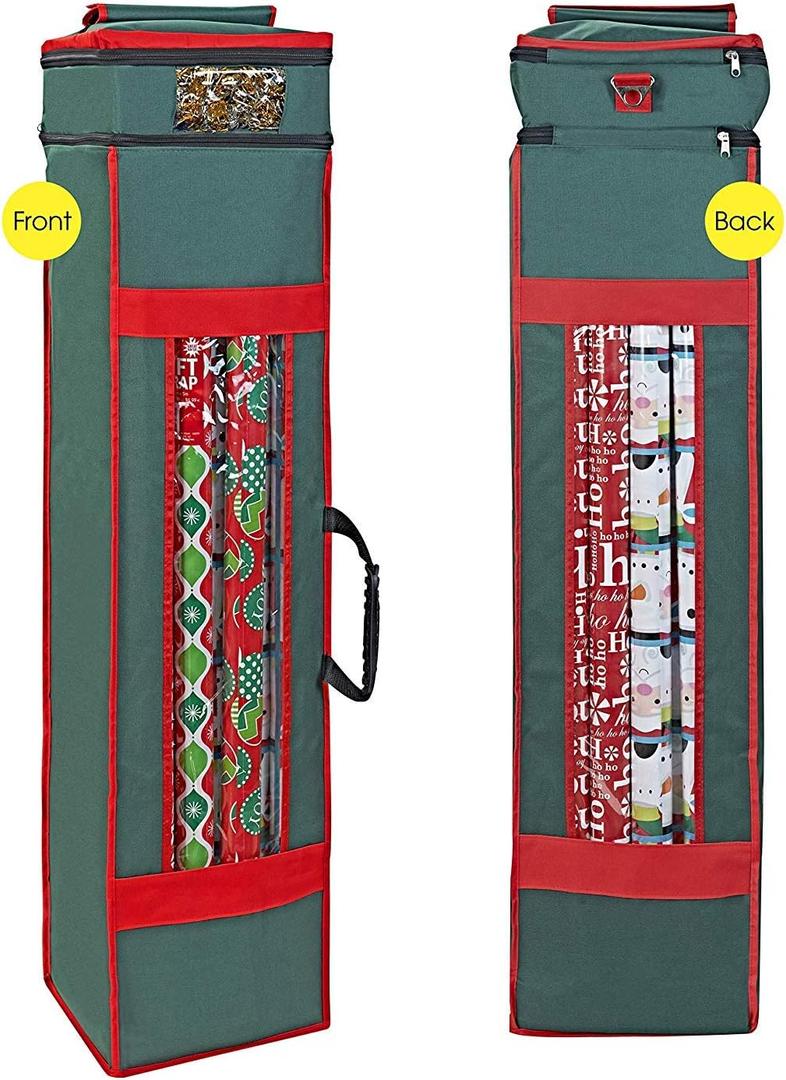 ProPik Christmas Wrapping Paper Storage Organizer Bag with Pocket and Handles Including Hanging Loop Heavy Duty Material with Clear Window 47 x 10 x 10 Inch Fits 40" Long Rolls (Green, 1 Count)