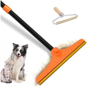 Carpet Rake for Pet Hair Removal - Reusable Pet Hair Remover, 60 Adjustable Long Handle Cat Dog Carpet Rake Scraper, Dog Hair Rake Brush for Rugs, Mats, Couch (Orange)