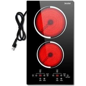 Jessier 2 Burner Electric Cooktop - 12 Inch Countertop & Built-in Electric Stove Top, 120V Plug in Electrical Cook Top, Timer, Safety Lock, Over-Temperature Protection, Sensor Touch Control