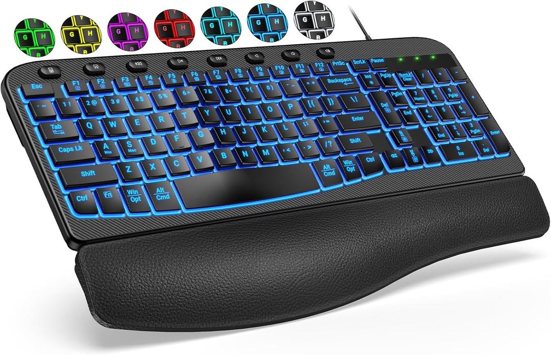 SABLUTE Ergonomic Keyboard, USB Wired with Cushioned Wrist & Palm Rest, 7-Color Backlit Adjustable Brightness for Windows, macOS, Desktop, Laptop & PC (Black)