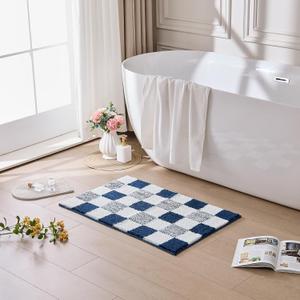CozeCube Bath mats for Bathroom Non Slip, Fluffy Absorbent Microfiber Bath mat Washable, Aesthetic Bathroom Rugs, Cute Navy Blue Checkered Bath mat, Navy Blue, 32" x 20"