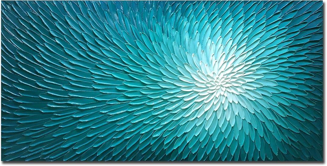 AMEI Art, 24X48Inch Hand Painted Abstract Teal Blue Textured Oil Paintings Floral Artwork Acrylic Canvas Paintings Wall Art Wood Inside Framed Ready to Hang
