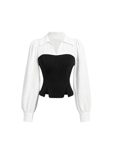 MakeMeChic Women's Long Sleeve Work Blouse Casual Color Block V Neck Split Dress Shirt Black and White X-Large
