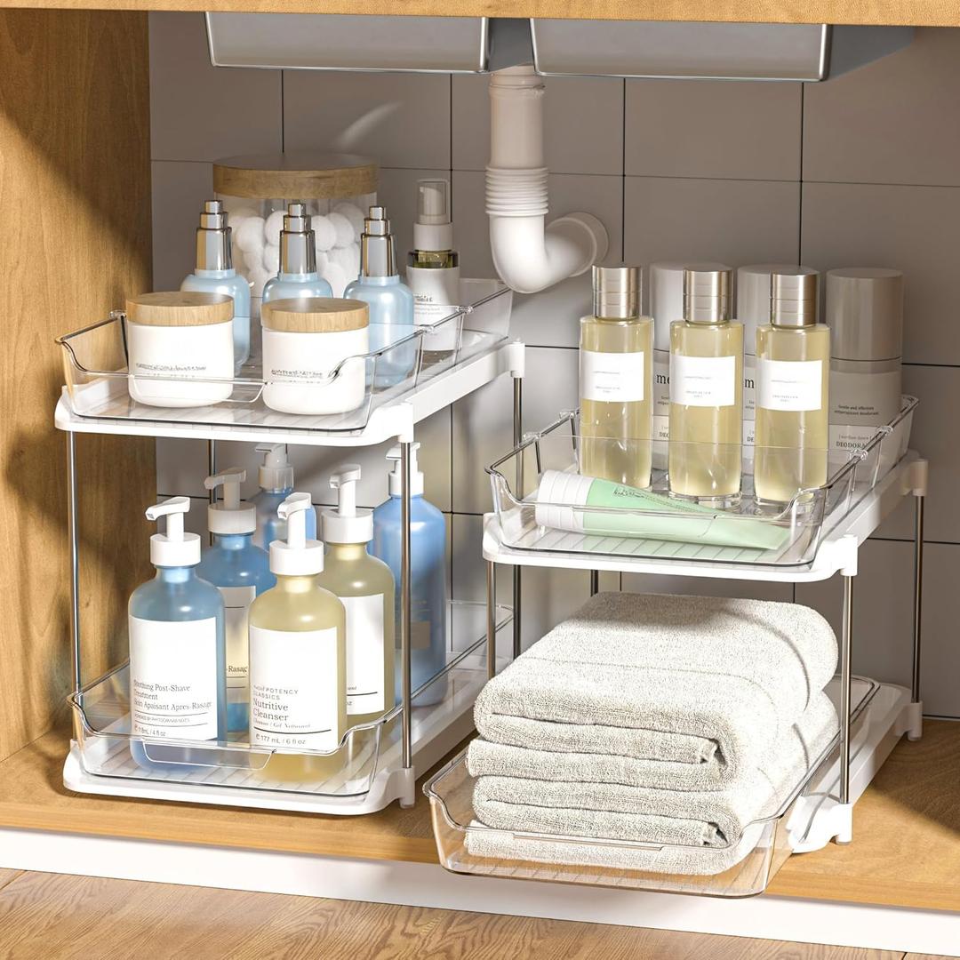 Delamu 2-Tier Multi-Purpose Bathroom Under Sink Organizers and Storage, Stackable Kitchen Pantry Organization, Pull Out Medicine Cabinet Organizer with Movable Dividers, White, 2 Pack Delamu 2-Tier Multi-Purpose Bathroom Under Sink Organizers and Storage, Stackable Kitchen Pantry Organization, Pull Out Medicine Cabinet Organizer with Movable Dividers, White, 2 Pack
