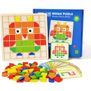 Pattern Blocks Puzzle Wooden Montessori Tangram - Geometric Mosaic Tile Matching Game for Dementia Alzheimer's, Cognitive Therapy Gift for Seniors
