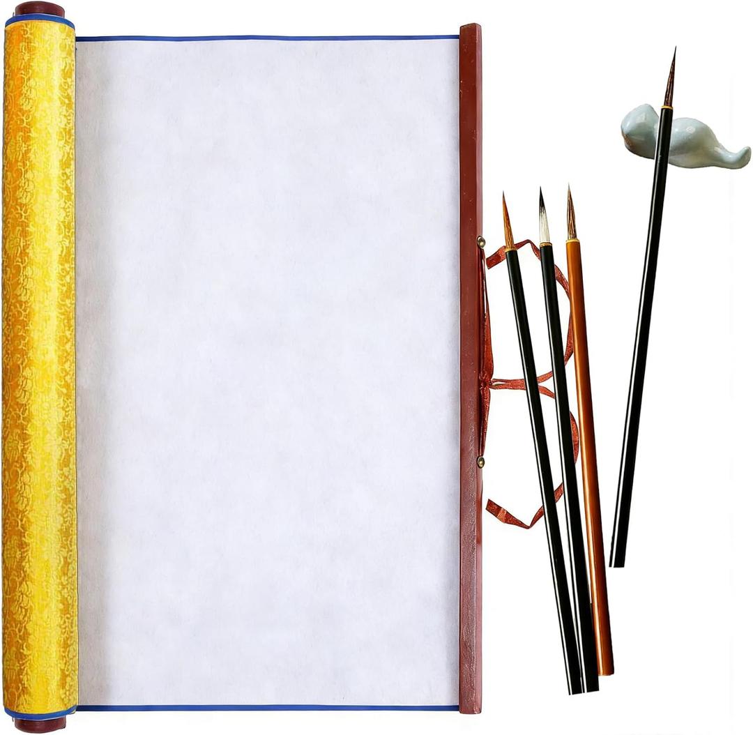 Magic Canvas Paint with Water,4 Chinese Painting Brushes Set Flower Bird Line-Drawing Brushes,30.715 Inch Large Chinese Calligraphy Paper Reusable Water Drawing Writing Cloth,for Beginners' Practice