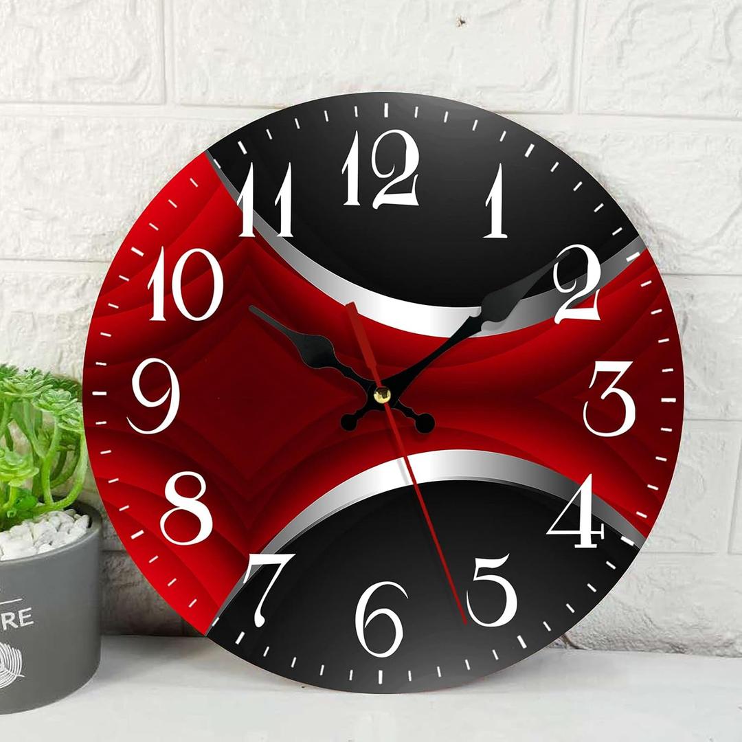 ArtSocket Wooden Wall Clock Silent Non-Ticking, Red Black Grey Irregular Geometric Grid Stripe Abstract Vintage Round Wall Clocks Decor for Home Kitchen Living Room Office, Battery Operated(12 Inch) (Modern Vintage Style30)