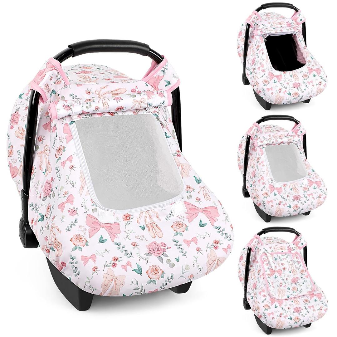 Baby Car Seat Cover Winter, Windproof Carseat Covers for Newborn with 2 Layers Window, Pink Flowers Infant Car Seat Canopy for Girls with Minky Dot Backing, Keeps Babies Warm and Cozy (Single zipper)