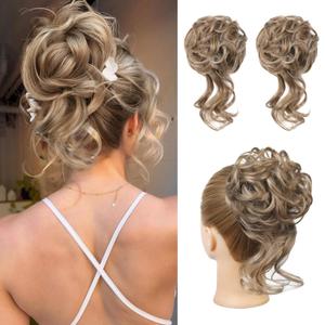 HOOJIH Messy Bun Hair Piece, 2PCS Tousled Updo with Tendrils Bun Extensions Wavy Curly Hair Wrap Ponytail Hairpieces Thick Scrunchies for Women - Dark Blonde