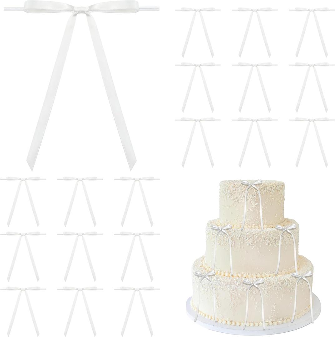 Pre-Tied Small White Coquette Bows for Cake 5 x 7 Inch, White Satin Ribbon Bows with Twist Tie for Birthday Party Decorations, Balloon, Crafts, Wedding, Christmas Tree (50 Pack)