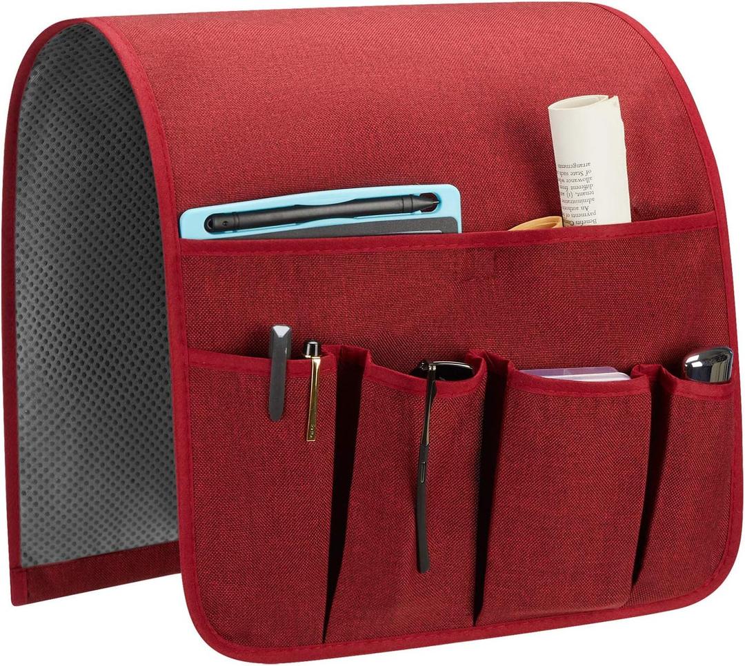Sofa Armrest Organizer, Remote Control Holder for Recliner Couch, Arm Chair Caddy with 5 Pockets for Magazine, Tablet, Phone, iPad (W13'' x L33'', Burgundy)