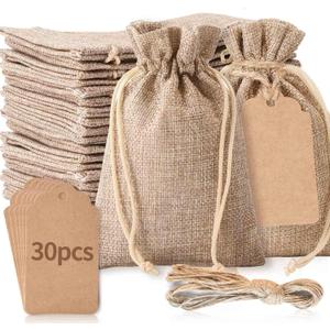 30Pcs 3 x 4 inch Burlap Gift Bags with Drawstring and 30Pcs Tags, Wedding Hessian Linen Sacks, Jewelry Pouches Burlap Gift Bags for Birthday, Party, Present, Wedding Favors, Art and DIY Craft