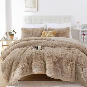 Smoofy Faux Fur Taupe Comforter Set Queen Size 3Pcs Fluffy Fuzzy Plush Comforter Set Cute Soft Shaggy Velvet Double-Sided Bedding Set (1 Faux Fur Comforter + 2 Pillowcases) (Khaki)