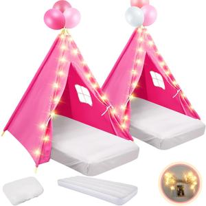 2 Pack Kids Teepee Tent with Mattress,Fitted Sheet,Light String,Washable Natural Cotton Toddler Play Tent for Girls Boys Indoor Outdoor Sleepover Slumber Birthday Party (Rose Red)